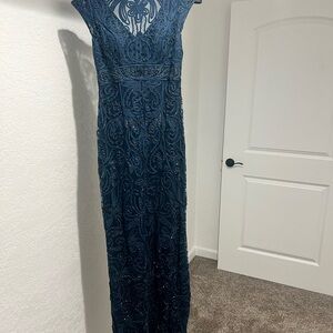 Sue Wong Blue and Silver Halter Maxi Gown